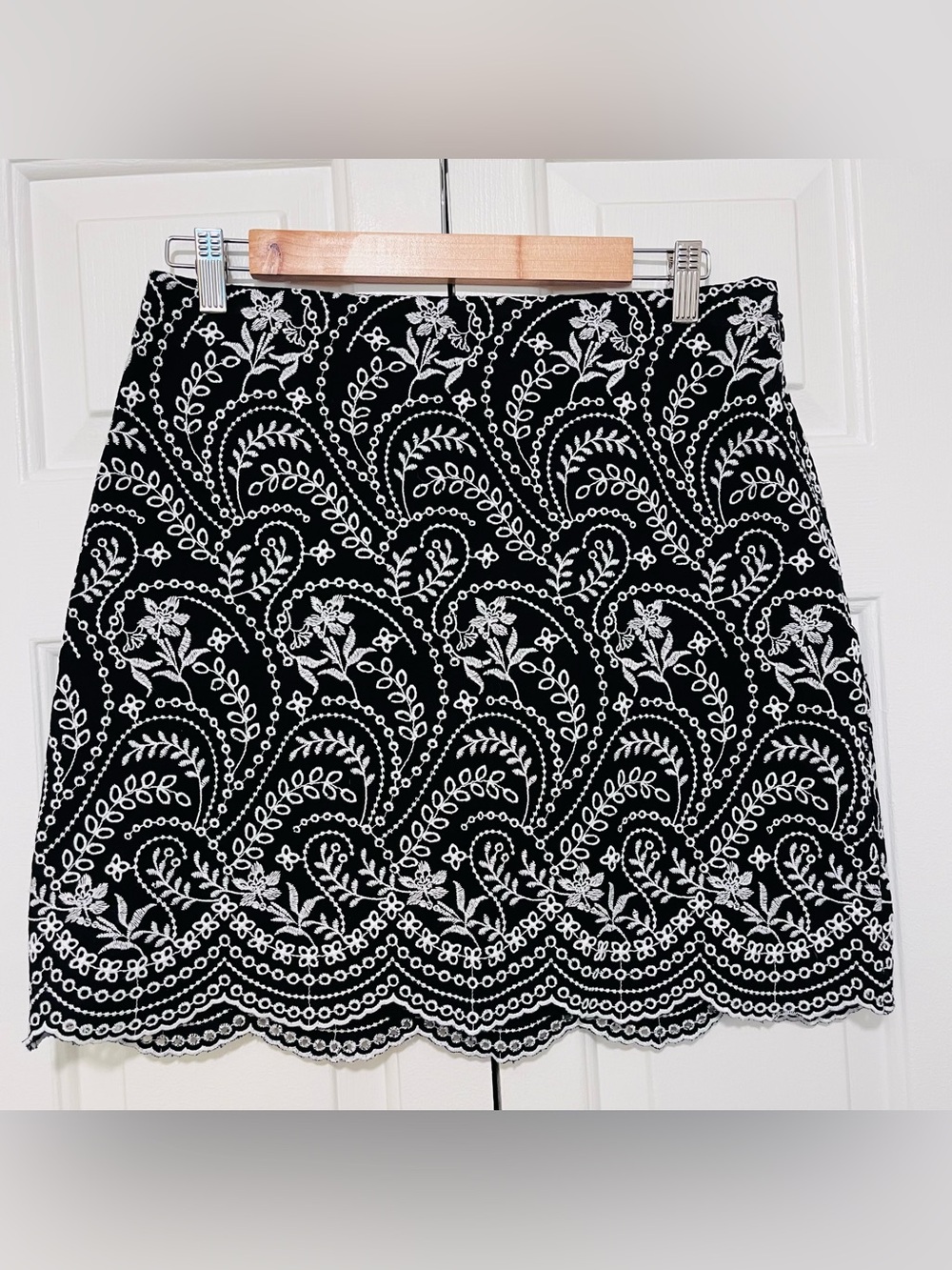 LOFT Black Skirt with White Floral Embroidery